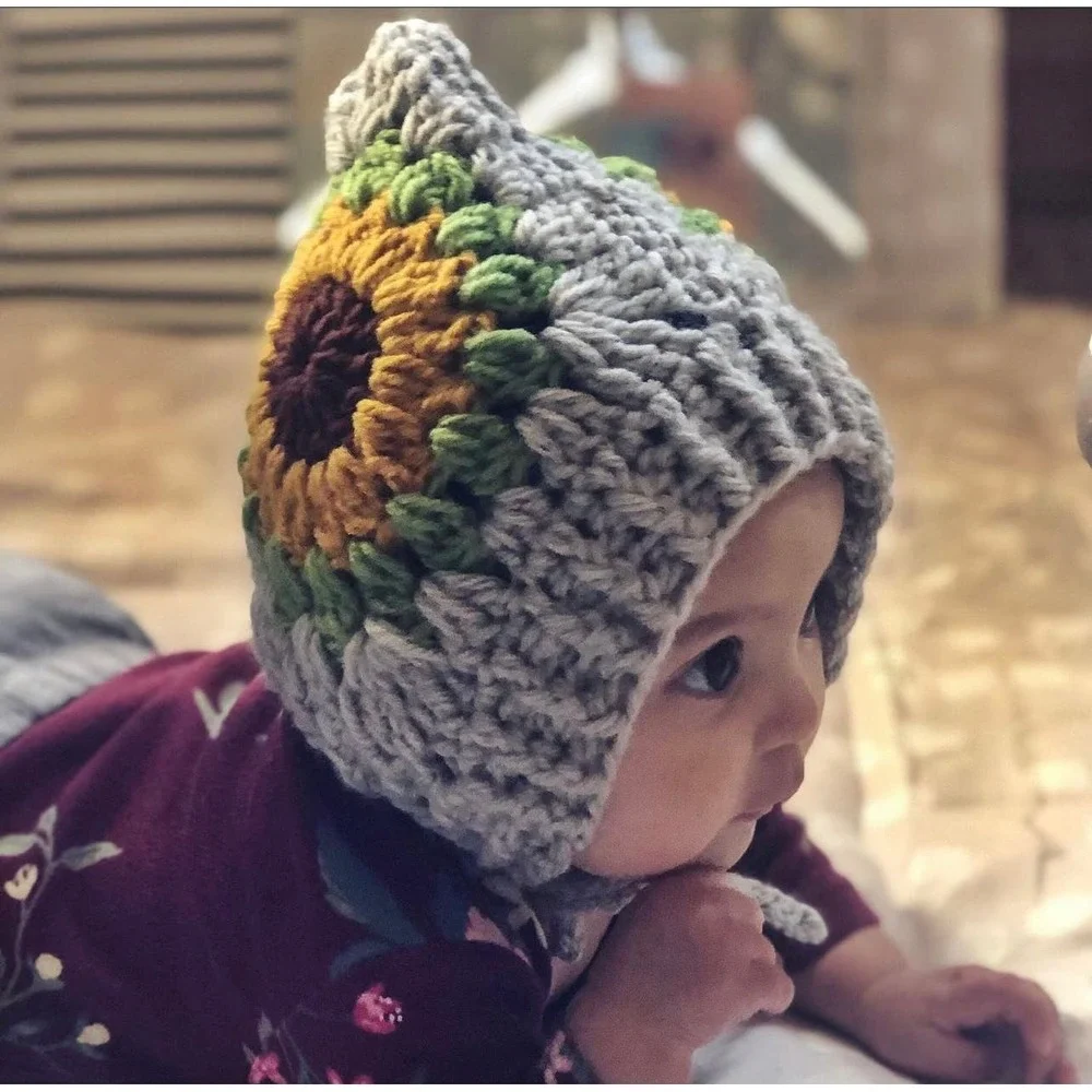 Handmade‎ Crochet Sunflower Pixie Bonnet Gray Yellow Floral Baby girl Hat(0-6m)